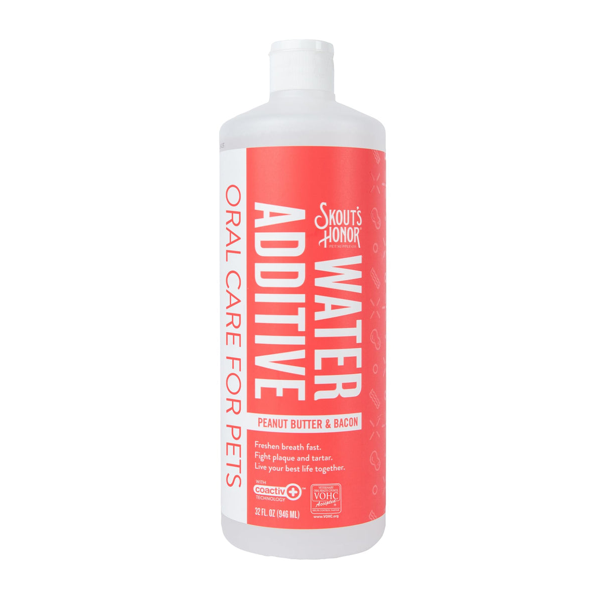SKOUT'S HONOR peanut butter bacon water additive bottle for daily tartar control.