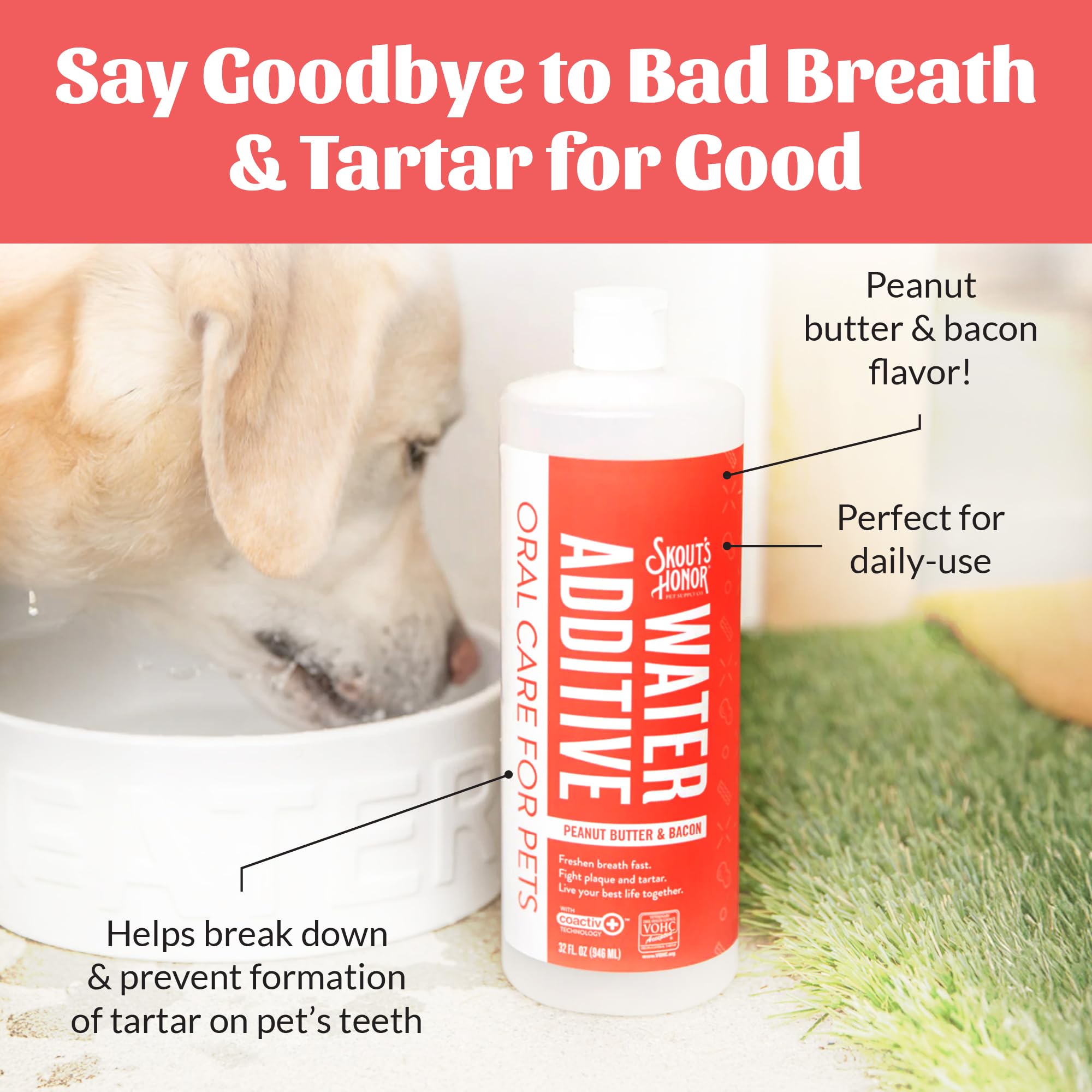 SKOUT'S HONOR breath-freshening effect demonstrated with the additive in water.