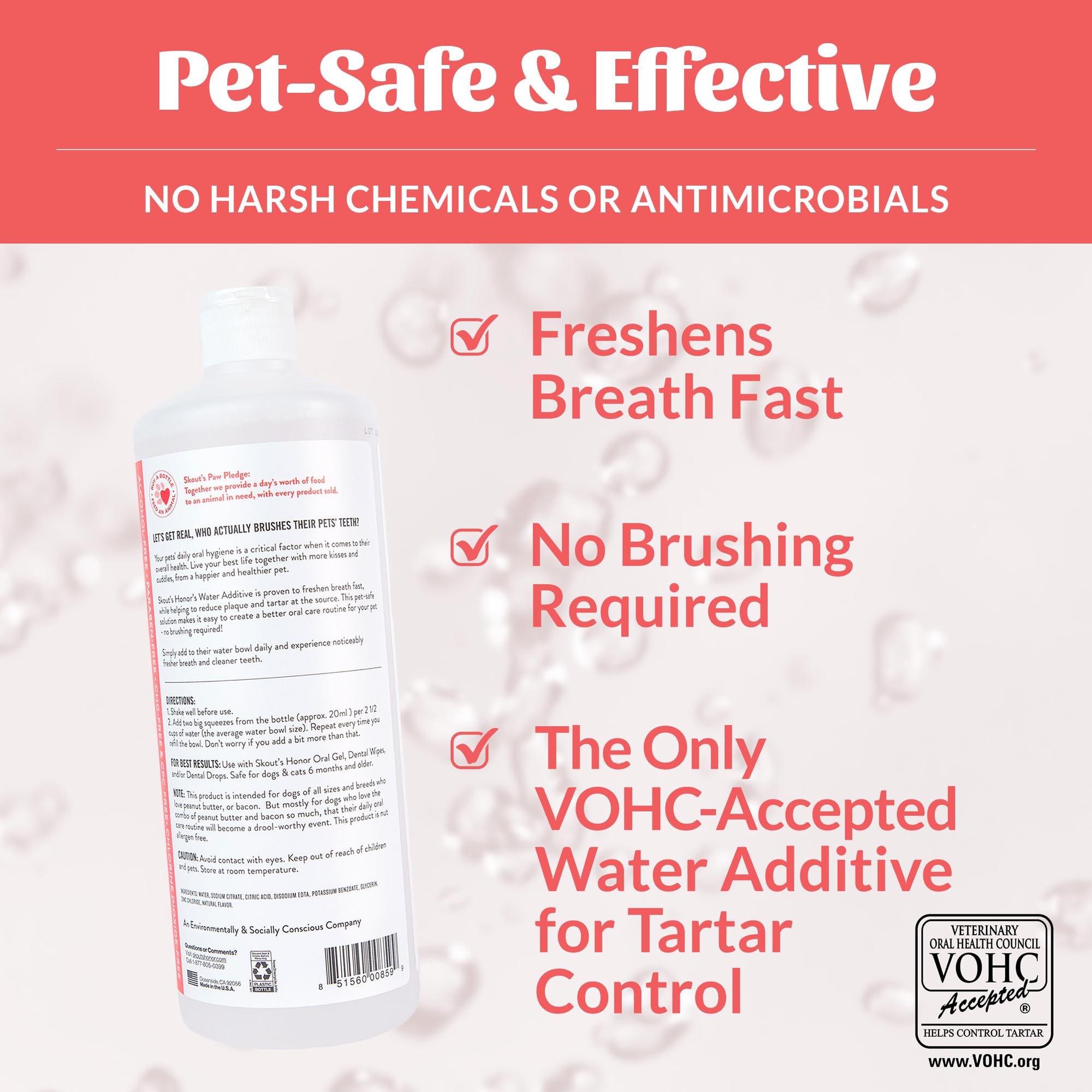 SKOUT'S HONOR water additive for cats in a bowl, gentle breath-freshening option.