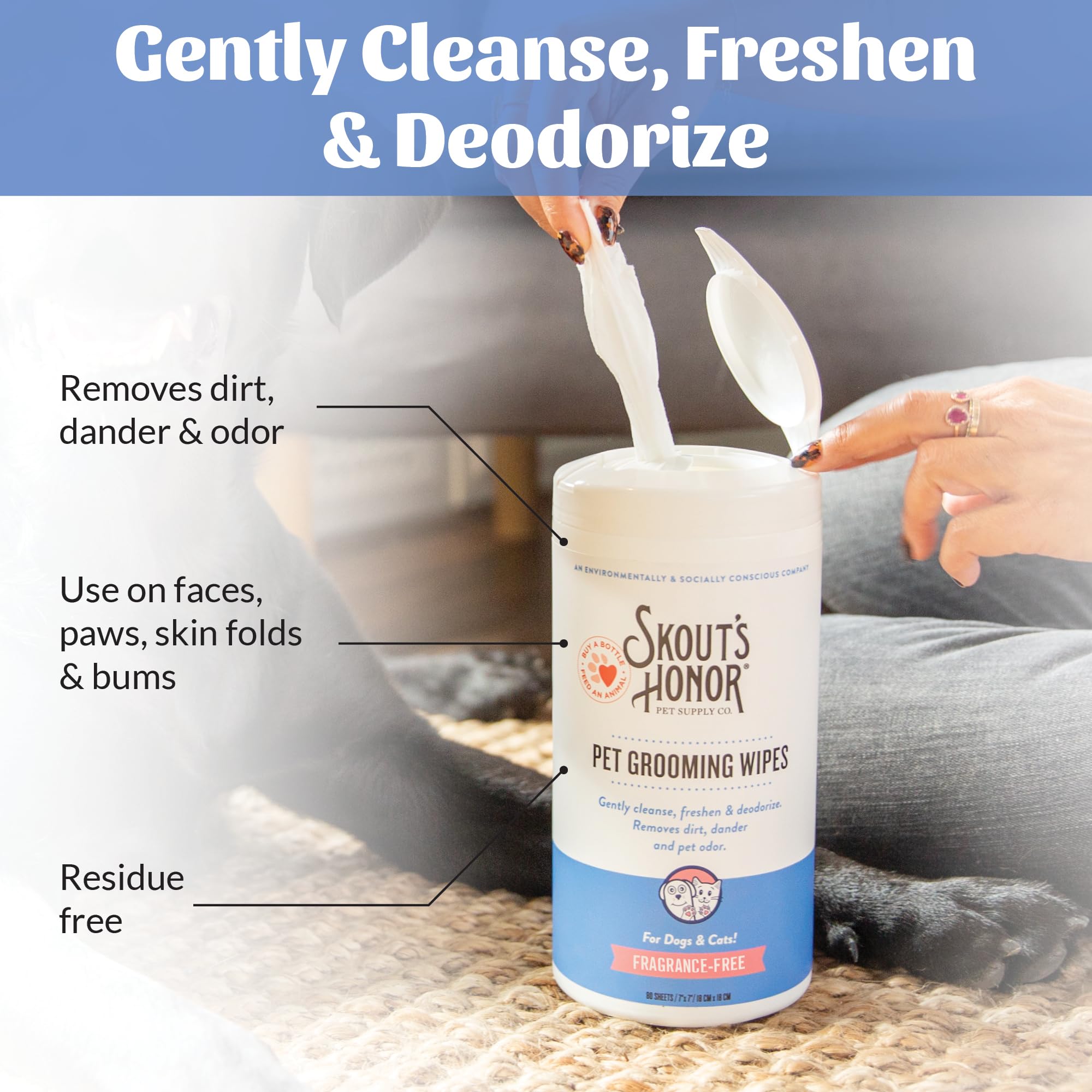 Skout's Honor fragrance-free wipes highlight plant-based, cruelty-free pet care.