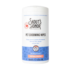 Skout's Honor pet grooming wipes for paws after muddy play, odor control.