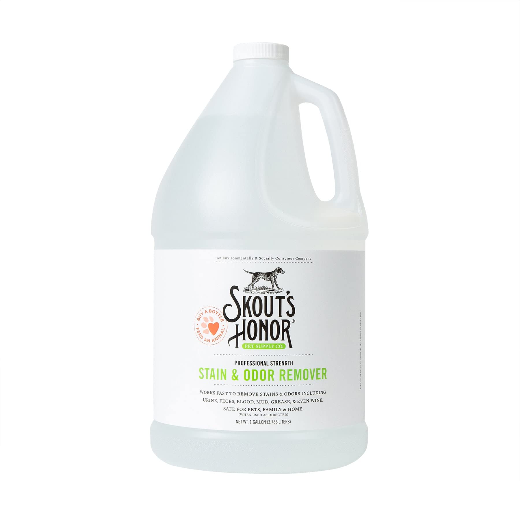 SKOUT'S HONOR Pet Stain and Odor Remover bottle pour demonstrates quick stain lift on carpets