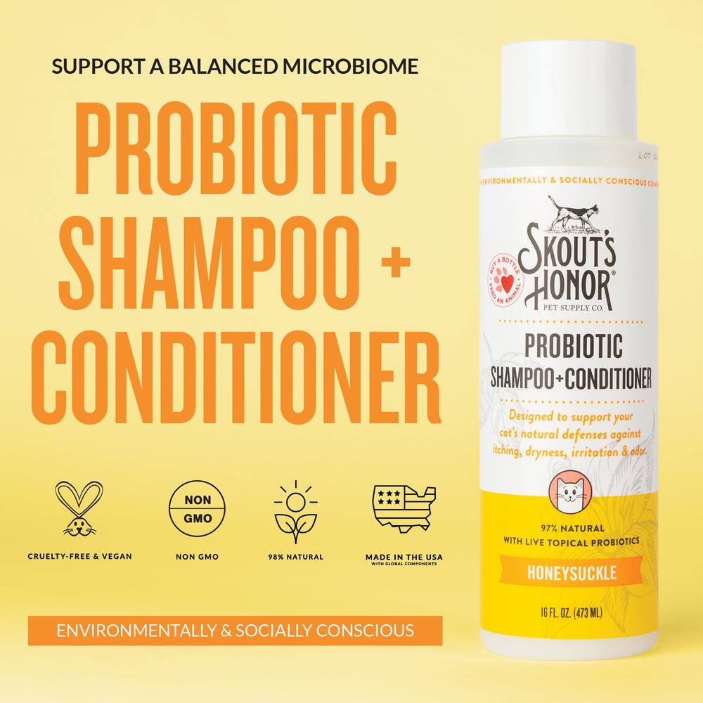 Skout's Honor probiotic cat shampoo label closeup - notes avocado oil and omega-3s for coat hydration.