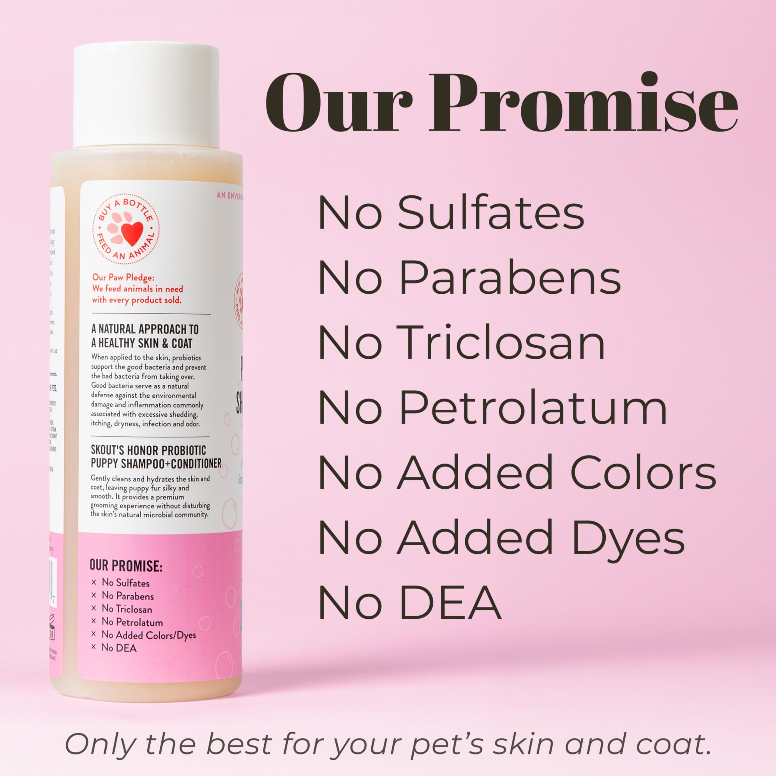 Skout's Honor probiotic dog shampoo conditioning omega-3s supports a shiny, healthy-coated appearance