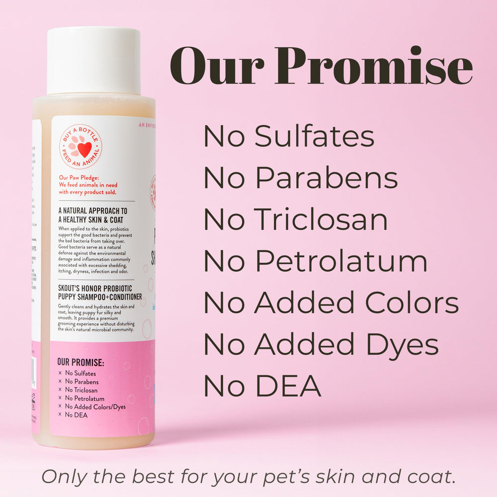 Skout's Honor probiotic dog shampoo conditioning omega-3s supports a shiny, healthy-coated appearance