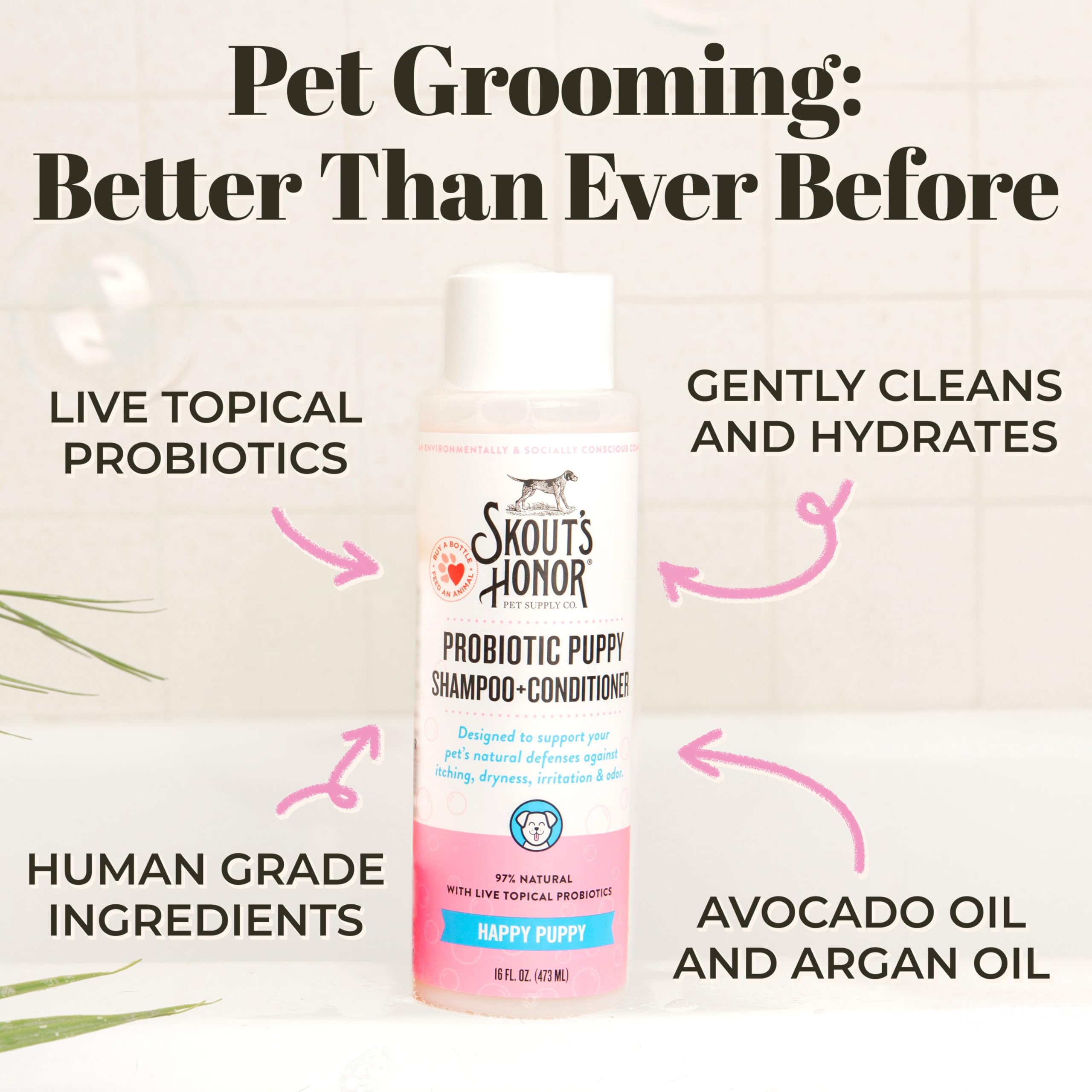 Skout's Honor probiotic dog shampoo microbiome-friendly certification signals balanced skin flora after wash