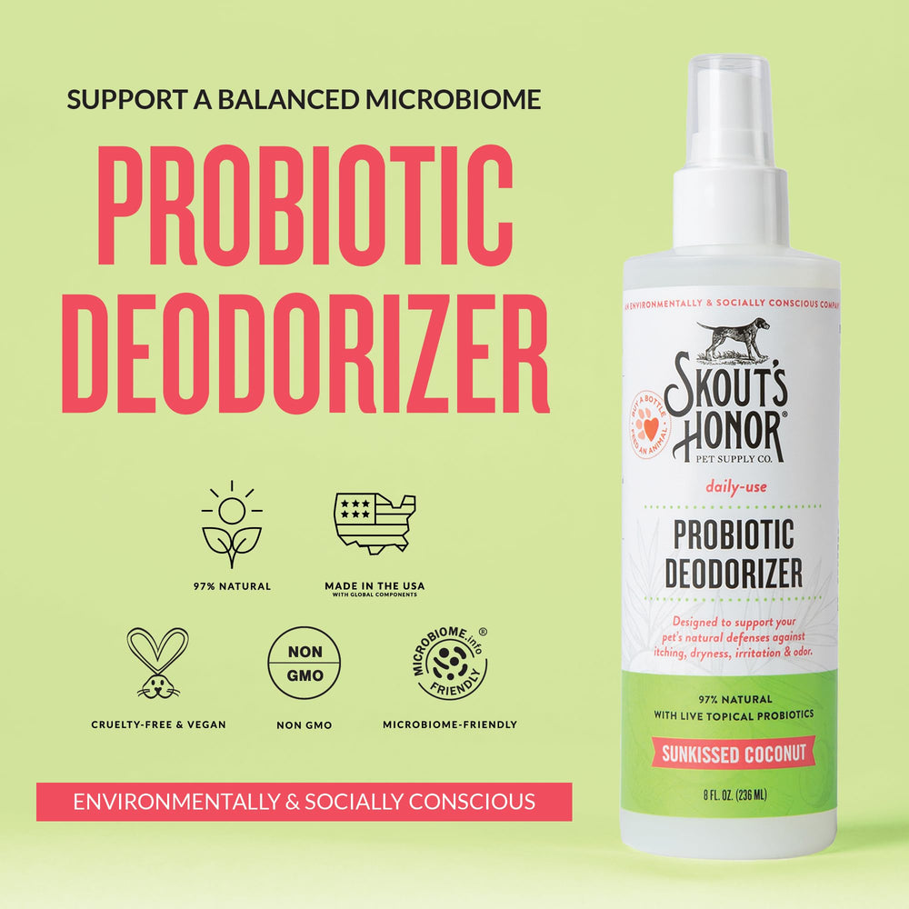 Skout's Honor probiotic spray mist on pet fur for odor control