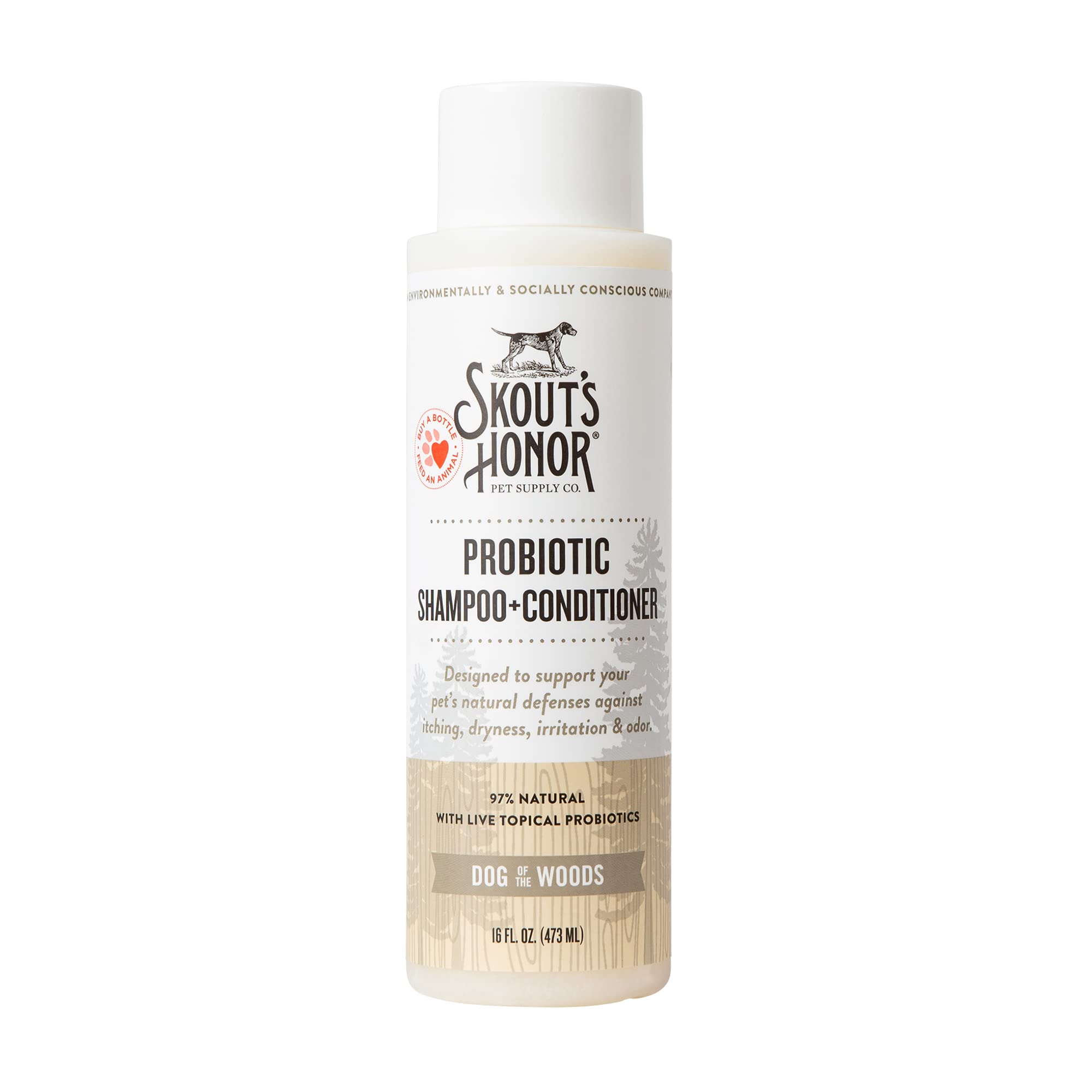 Skout's Honor probiotic pet shampoo avocado oil bottle promotes balanced skin and a healthy coat.