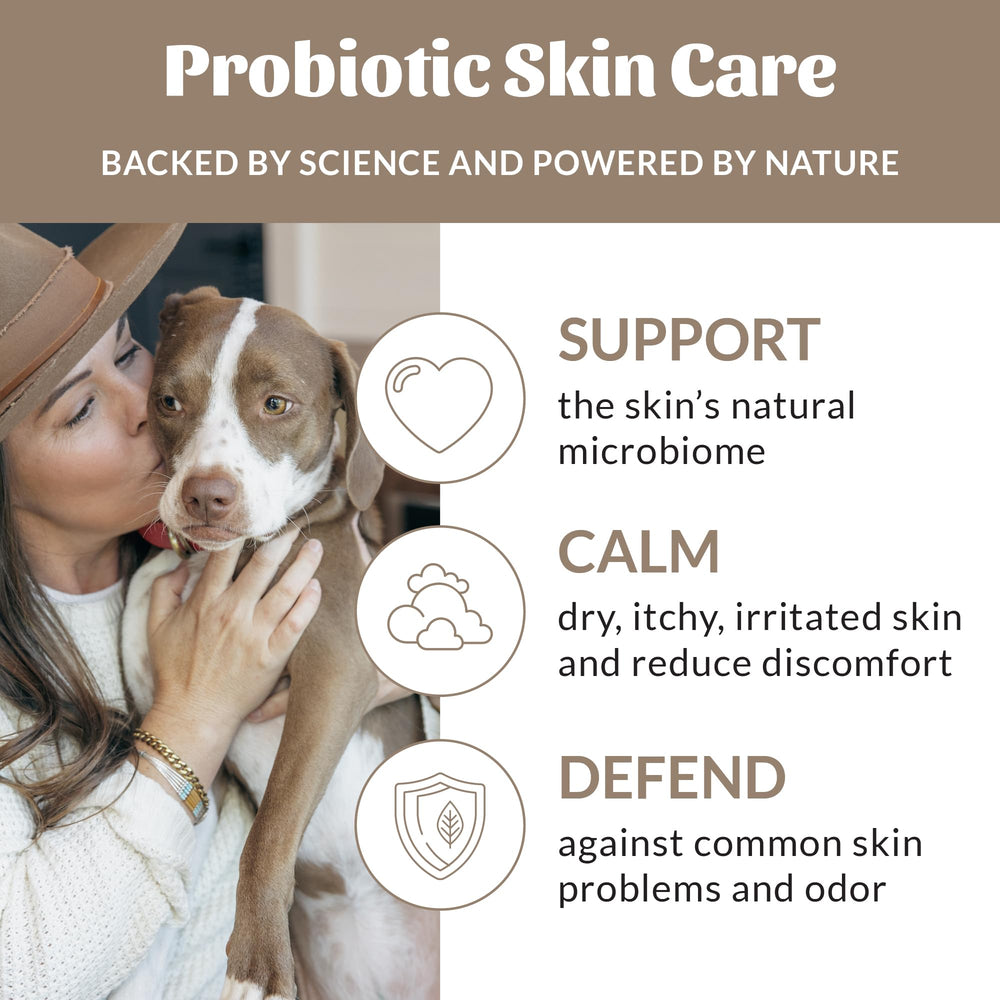 Skout's Honor probiotic shampoo label highlights 97% natural, paraben- and sulfate-free formula.