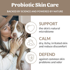 Skout's Honor probiotic shampoo label highlights 97% natural, paraben- and sulfate-free formula.