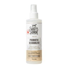 SKOUT'S HONOR desodorante probítico para mascotas, botella con pulverizador, aroma fresco para higiene diaria.
