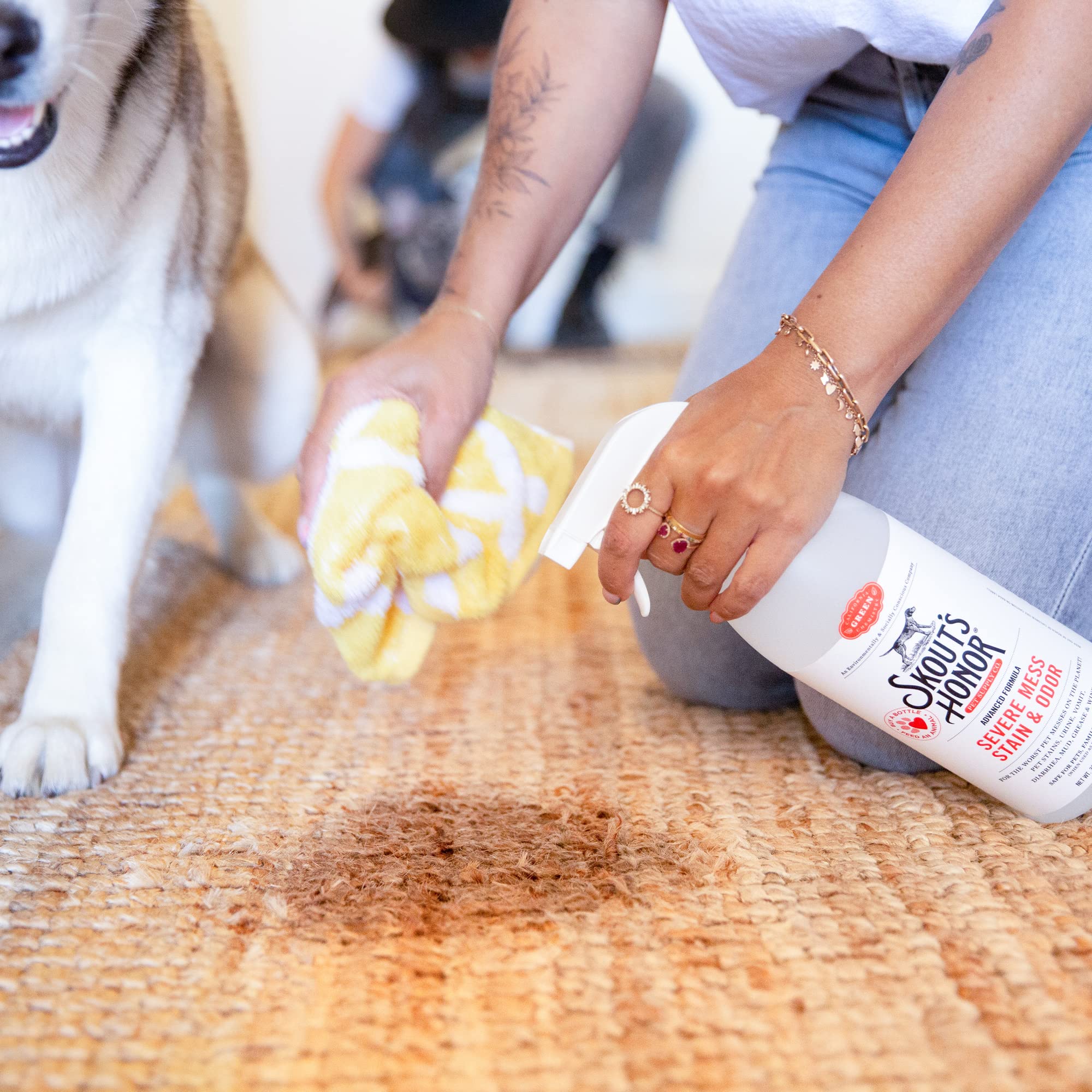 SKOUT'S HONOR Severe Mess Odor Remover on bedding for odor control