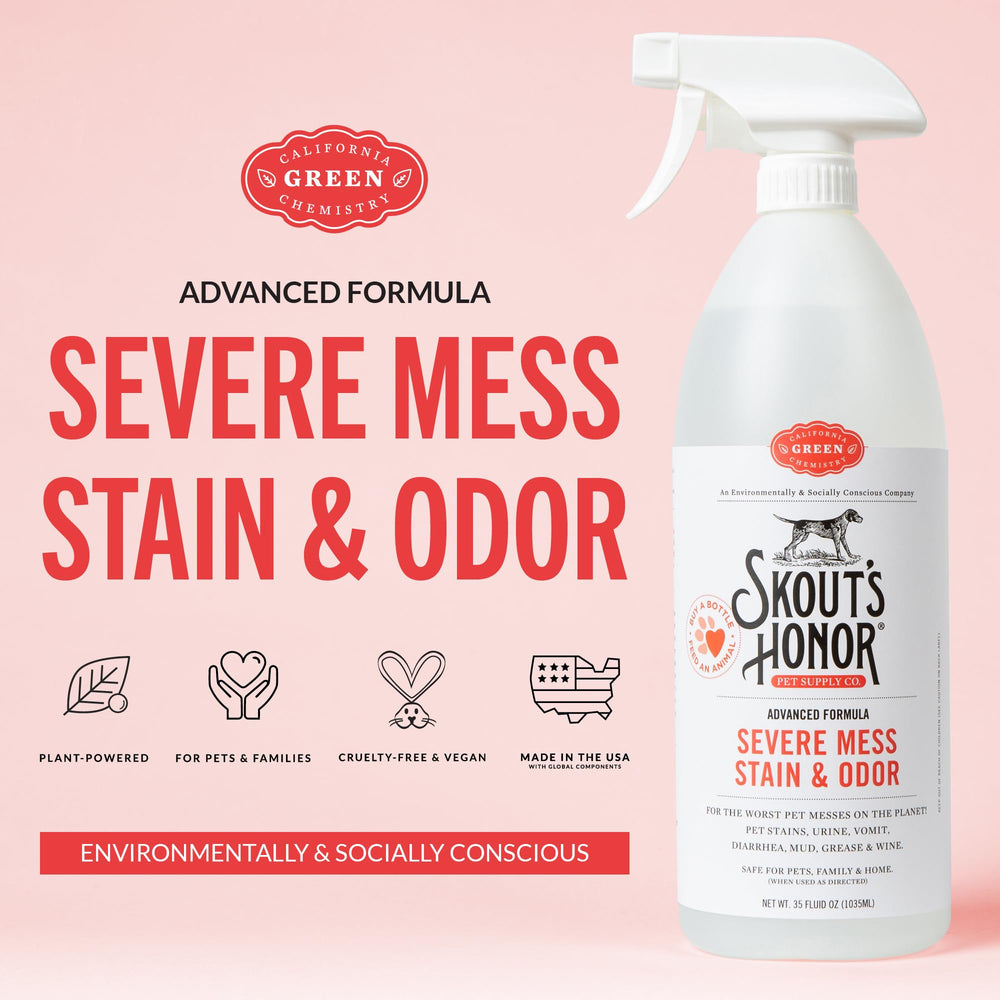 SKOUT'S HONOR Severe Mess Odor Remover being poured onto surface for stain lift
