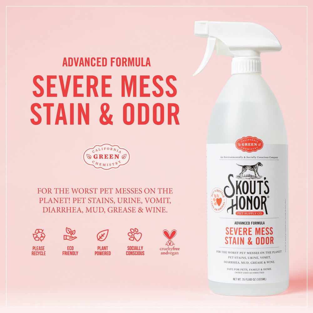 SKOUT'S HONOR Severe Mess Odor Remover used on upholstery to refresh fibers