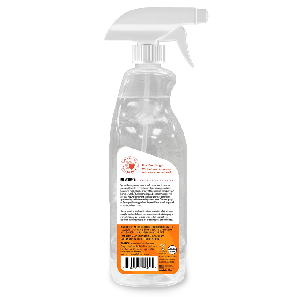 Stay Off spray action shows easy application for dog deterrence near doors or furniture
