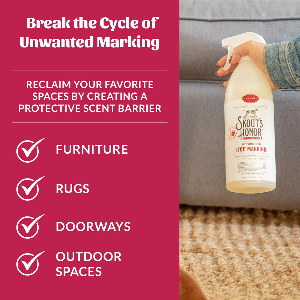 Skout's Honor Stop Marking bottle beside furniture highlights alcohol-free indoor use.