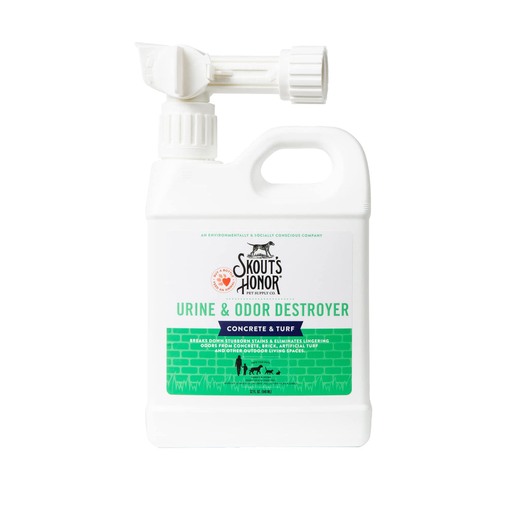 SKOUT'S HONOR urine destroyer bottle pour shows plant-powered cleaning for stained concrete surfaces.