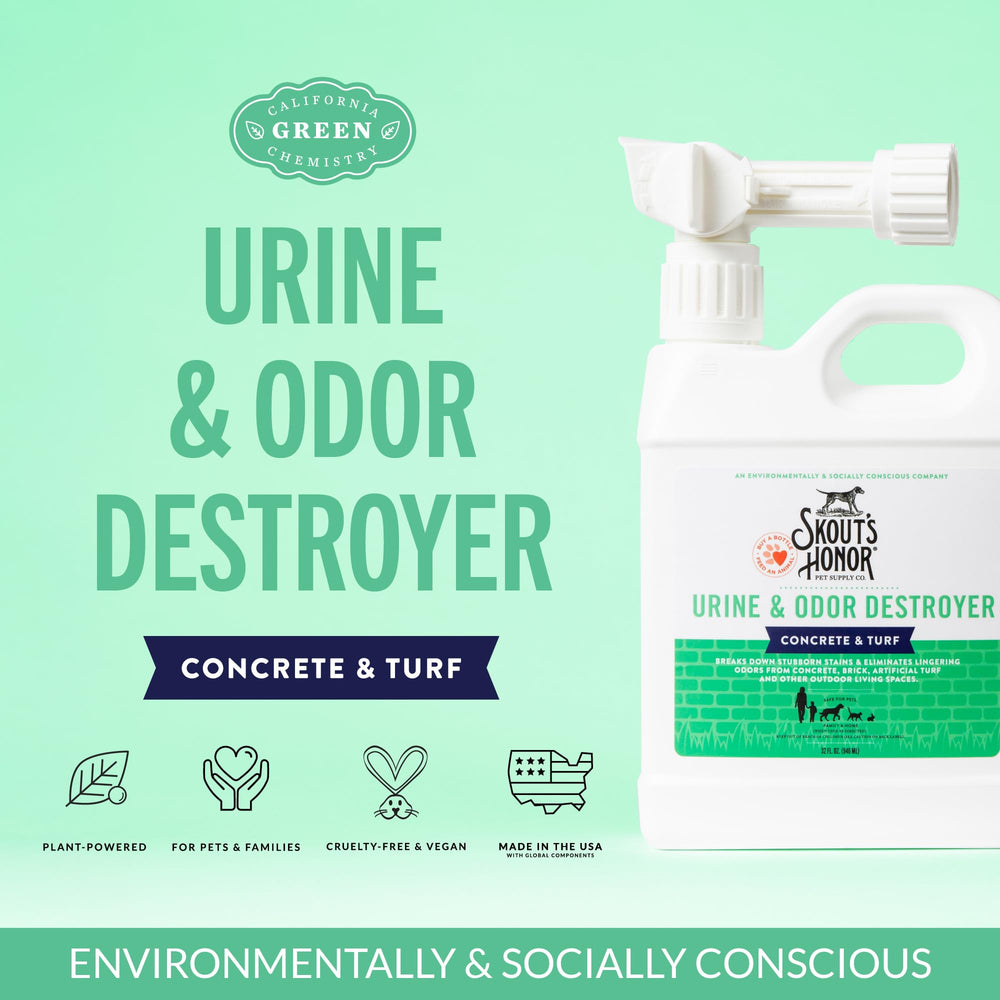 SKOUT'S HONOR urine destroyer spray action demonstrates odor elimination on turf and outdoor areas.