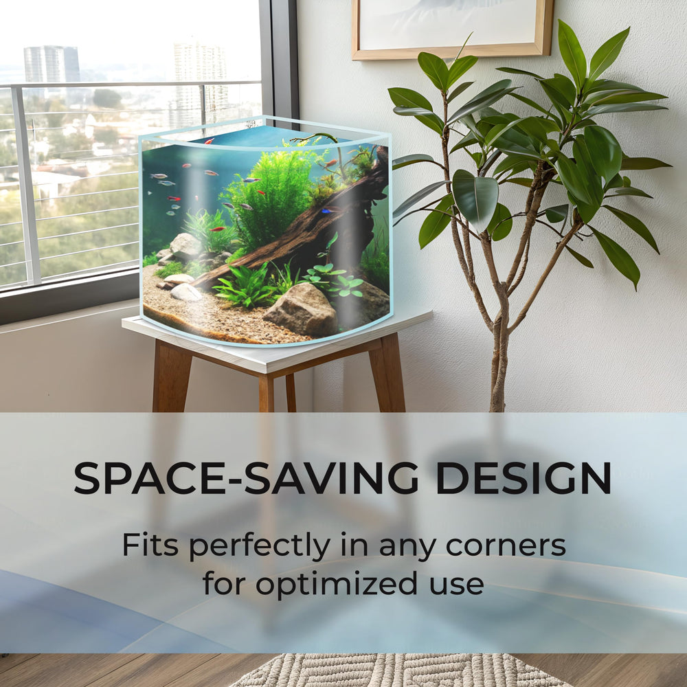 Skywin Corner Fish Tank aquascape features plants and rocks in the corner for visual drama.