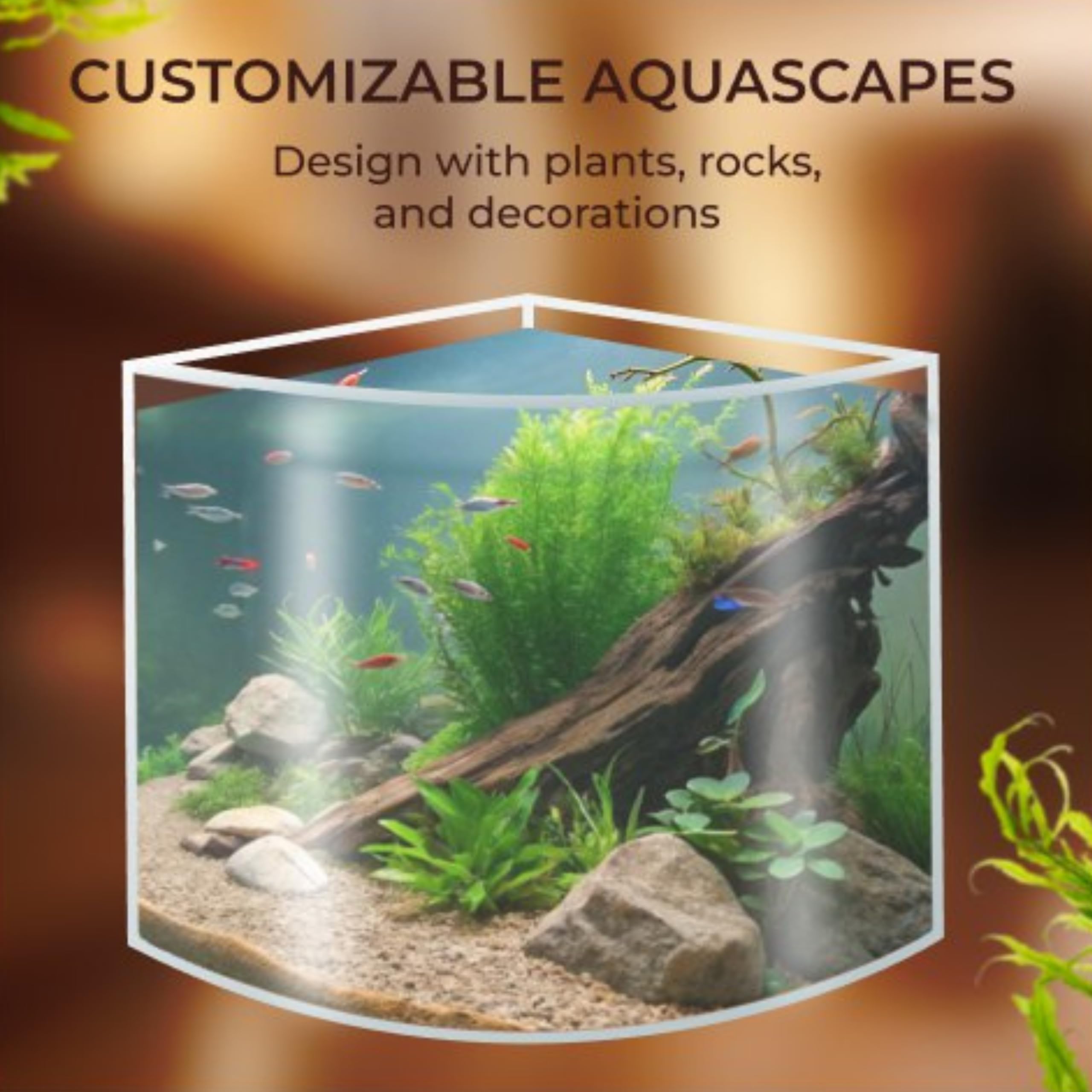 Skywin Corner Fish Tank dimensions label shows 11.10 x 6.69 x 10.63 inches for planning space.