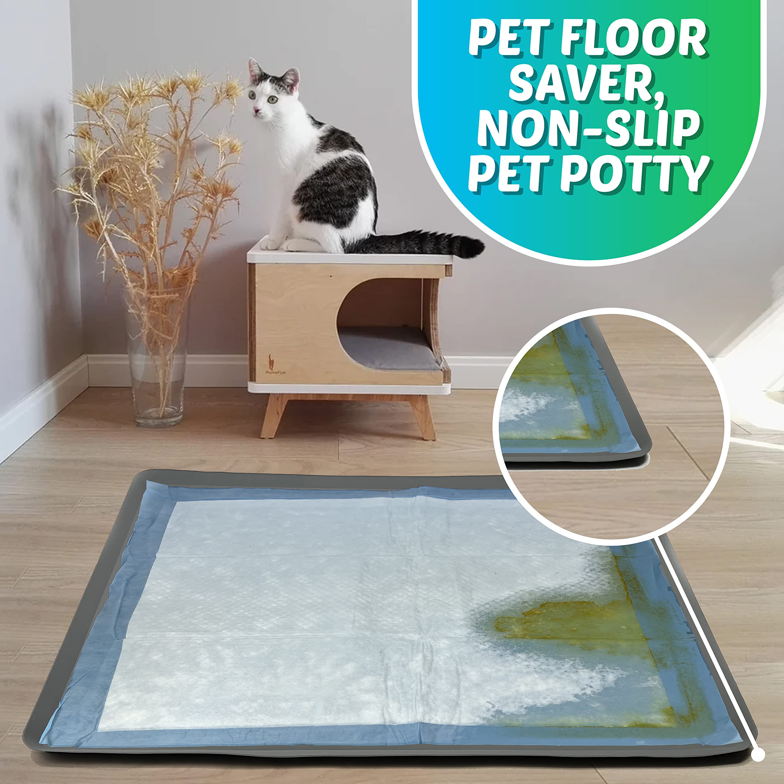 Skywin dog pad holder tray features spill-containment to keep surfaces clean.