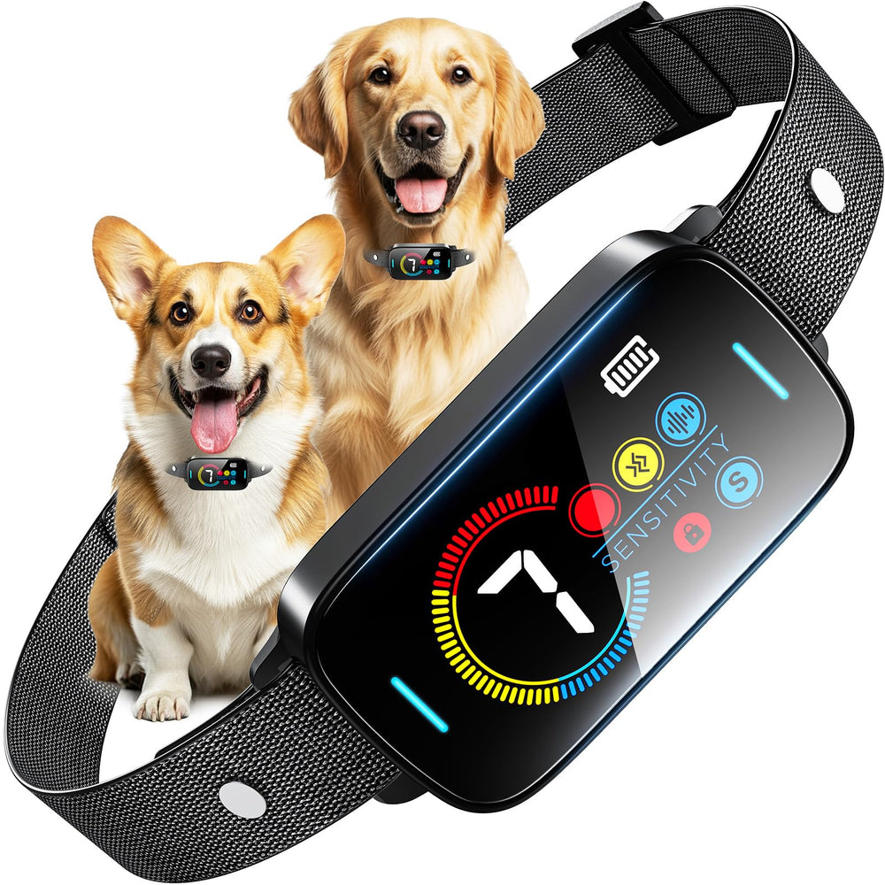SLAYKAM ultrasonic bark collar front view shows adjustable fit for comfort.