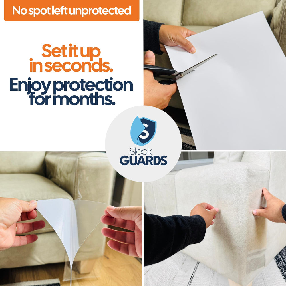 Sleek Guards sofa armrest application demonstrating discreet deterrent on edge.
