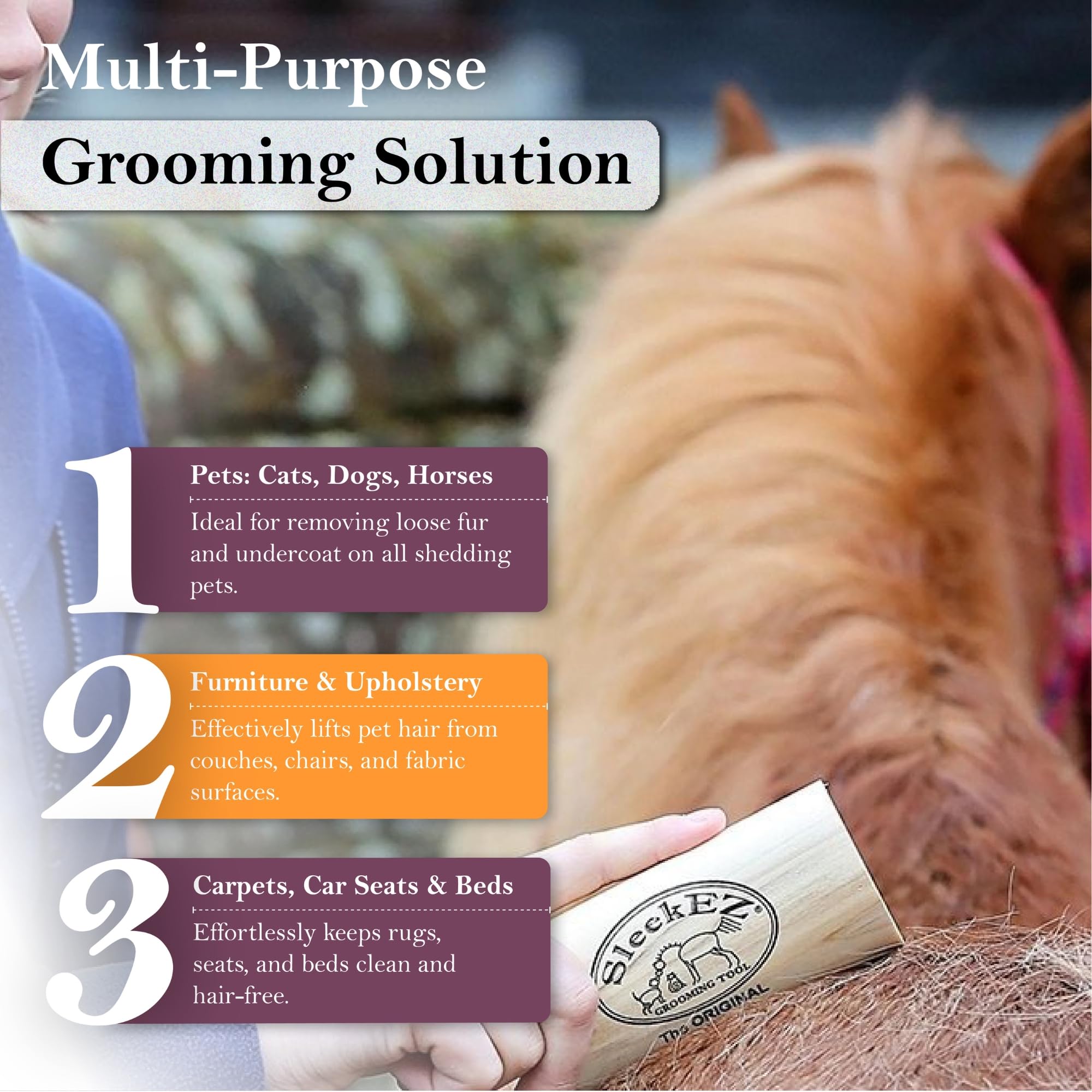 SleekEZ horse grooming kit scene shows 10-inch tool in action for faster grooming.