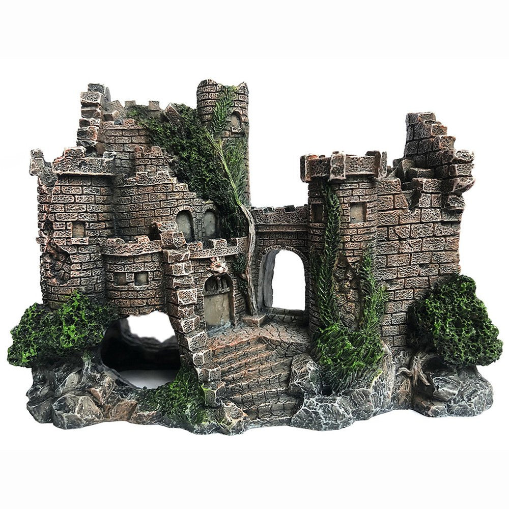SLOCME Aquarium Castle Ornament front view highlights detailed ancient castle for engaging tank decor