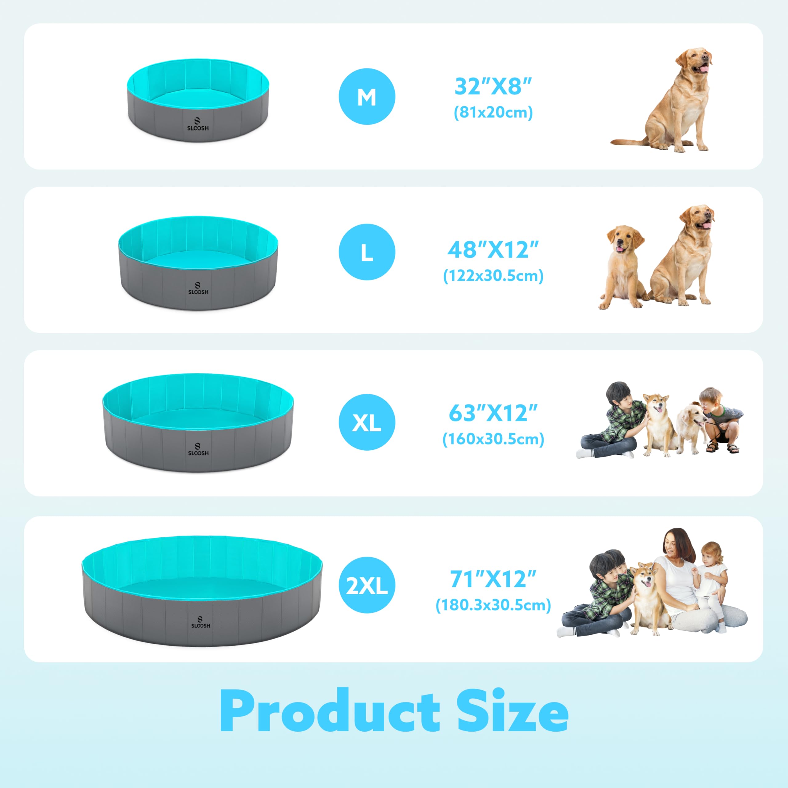 Sloosh dog pool size variants - suitable for small to large dogs.