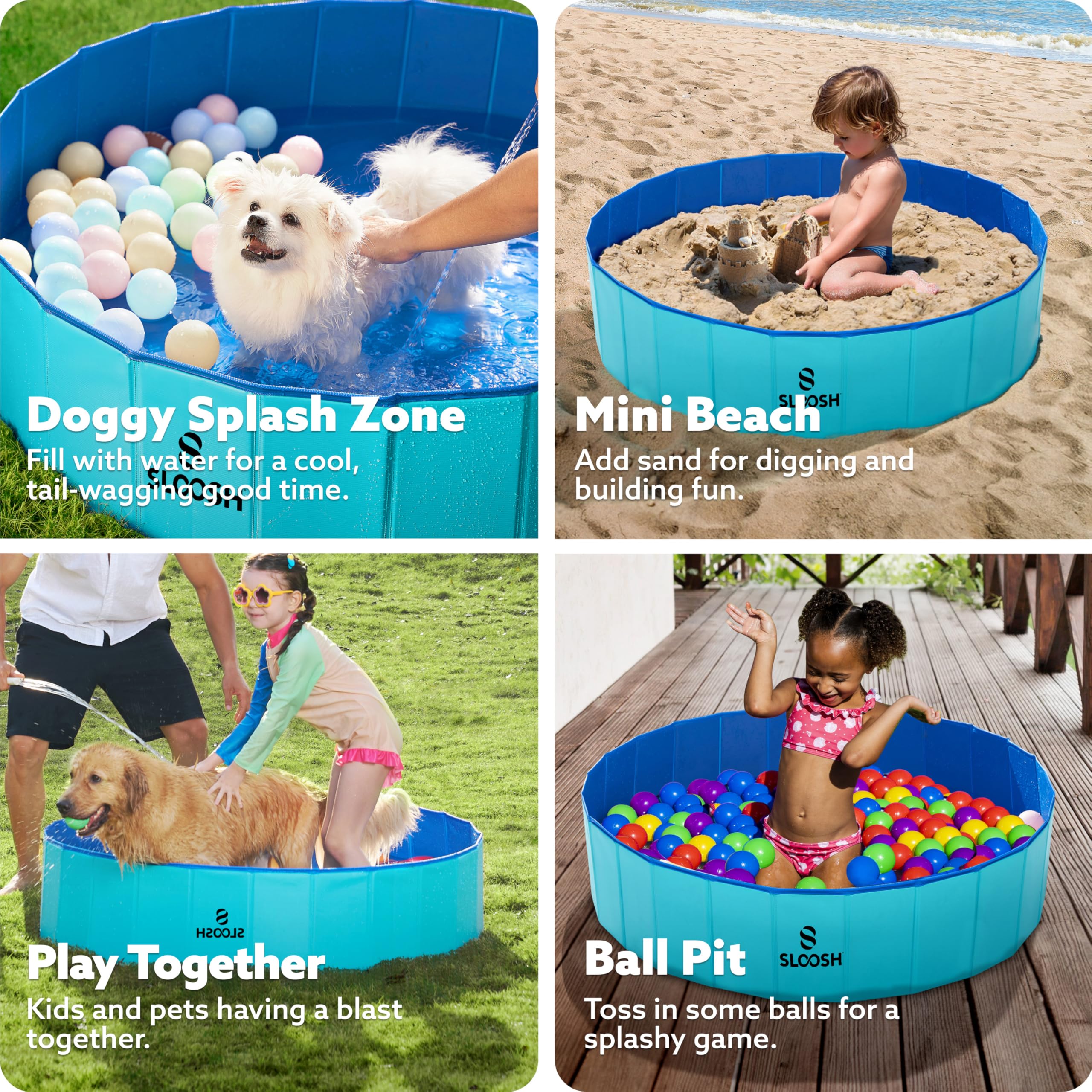 Sloosh foldable dog kiddie pool for indoor kids ball pit and pet cooling.