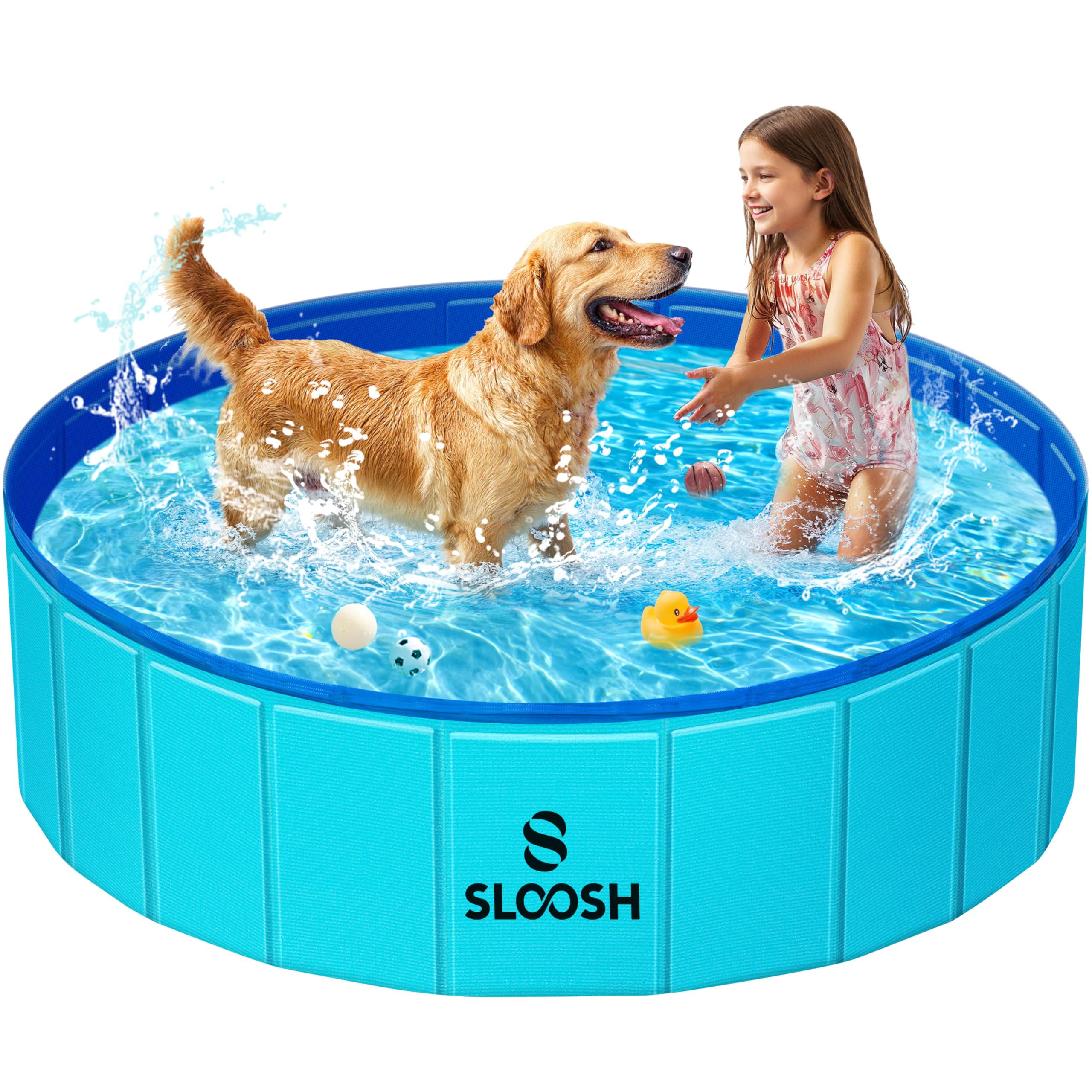 Sloosh foldable dog kiddie pool setup demonstrates quick backyard cooling for pets and kids.