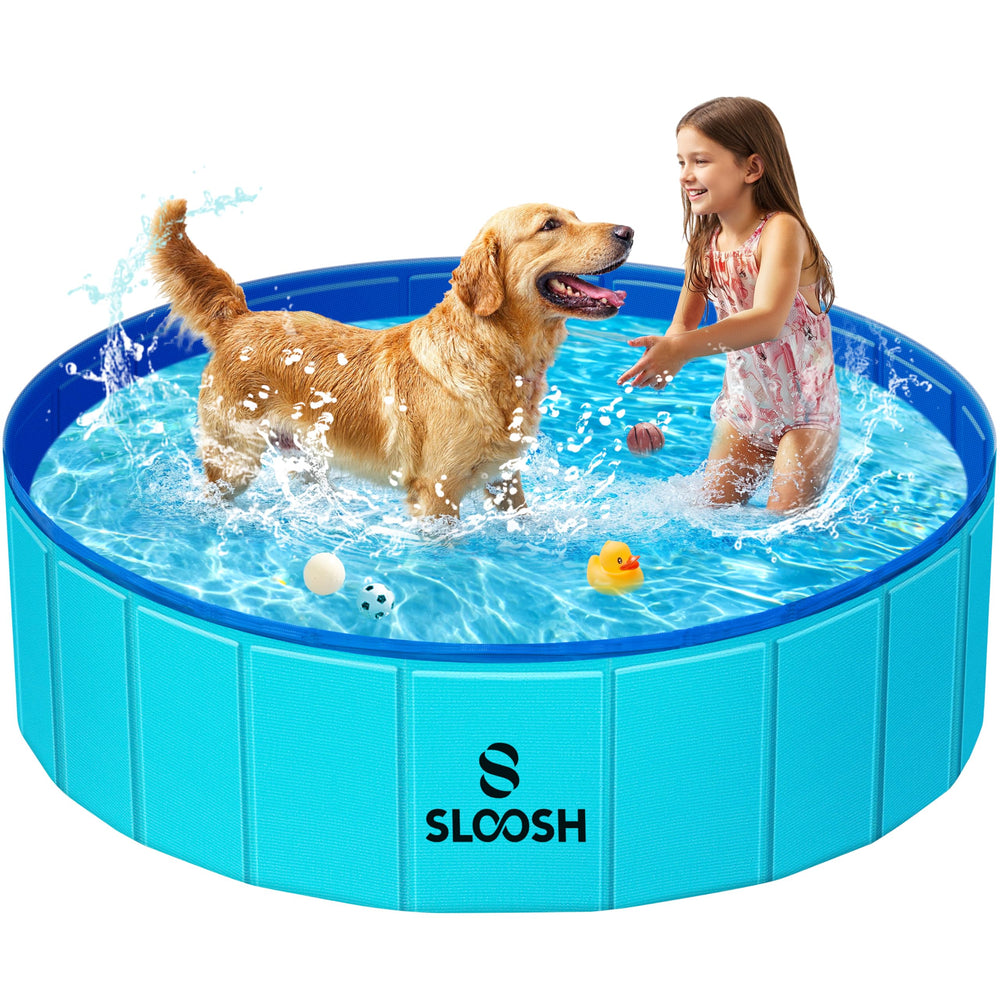 Sloosh foldable dog kiddie pool setup demonstrates quick backyard cooling for pets and kids.