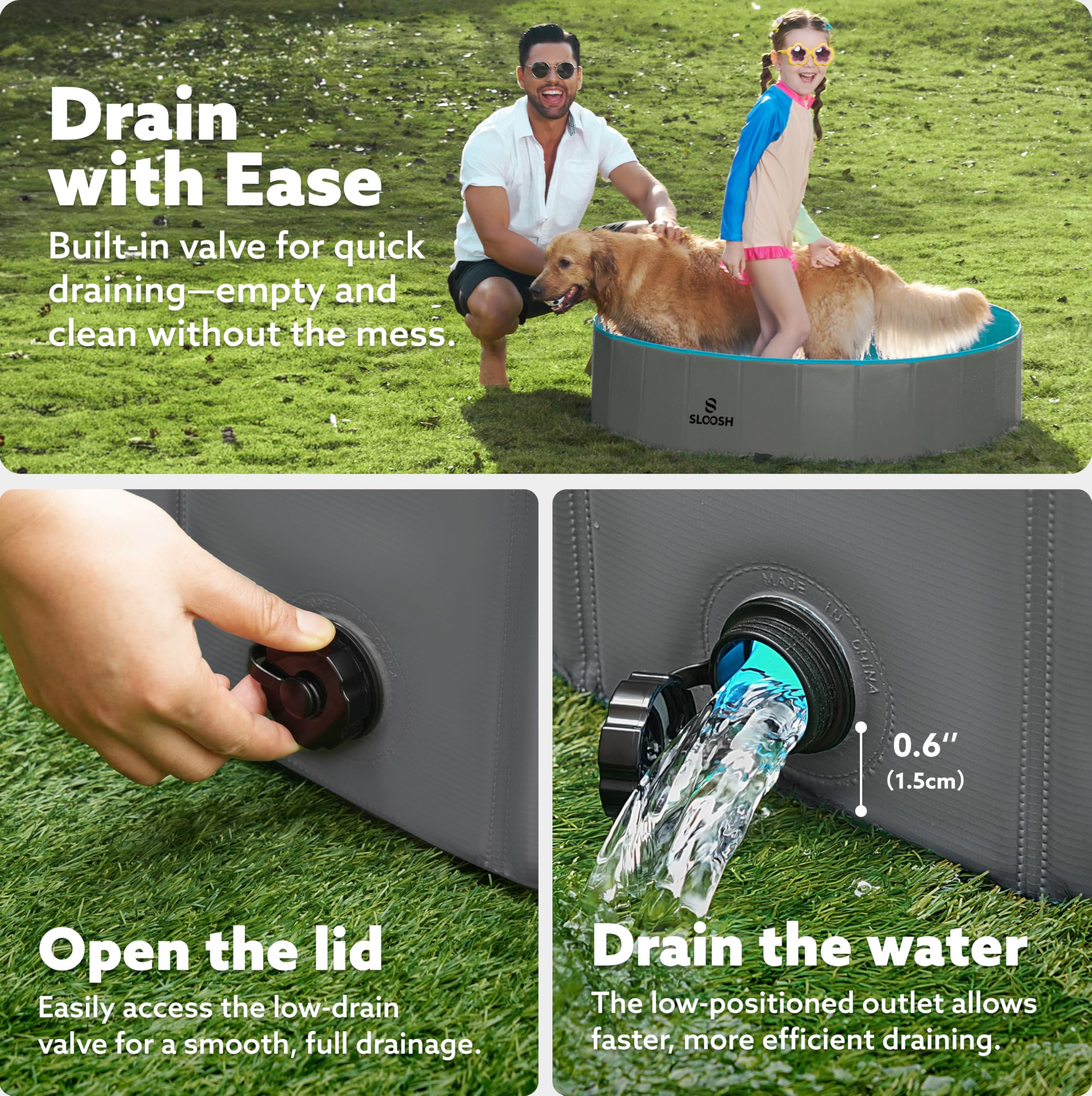 Sloosh foldable dog pool folded for compact storage and travel