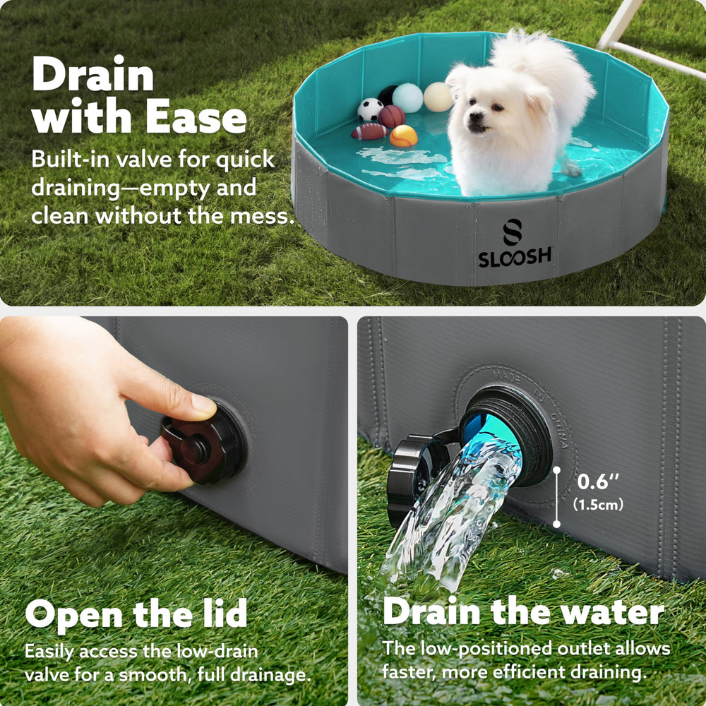 Sloosh foldable dog pool non-slip bottom provides safe play on any surface.
