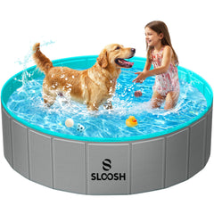 Sloosh foldable dog pool setup shows quick drainage and easy assembly