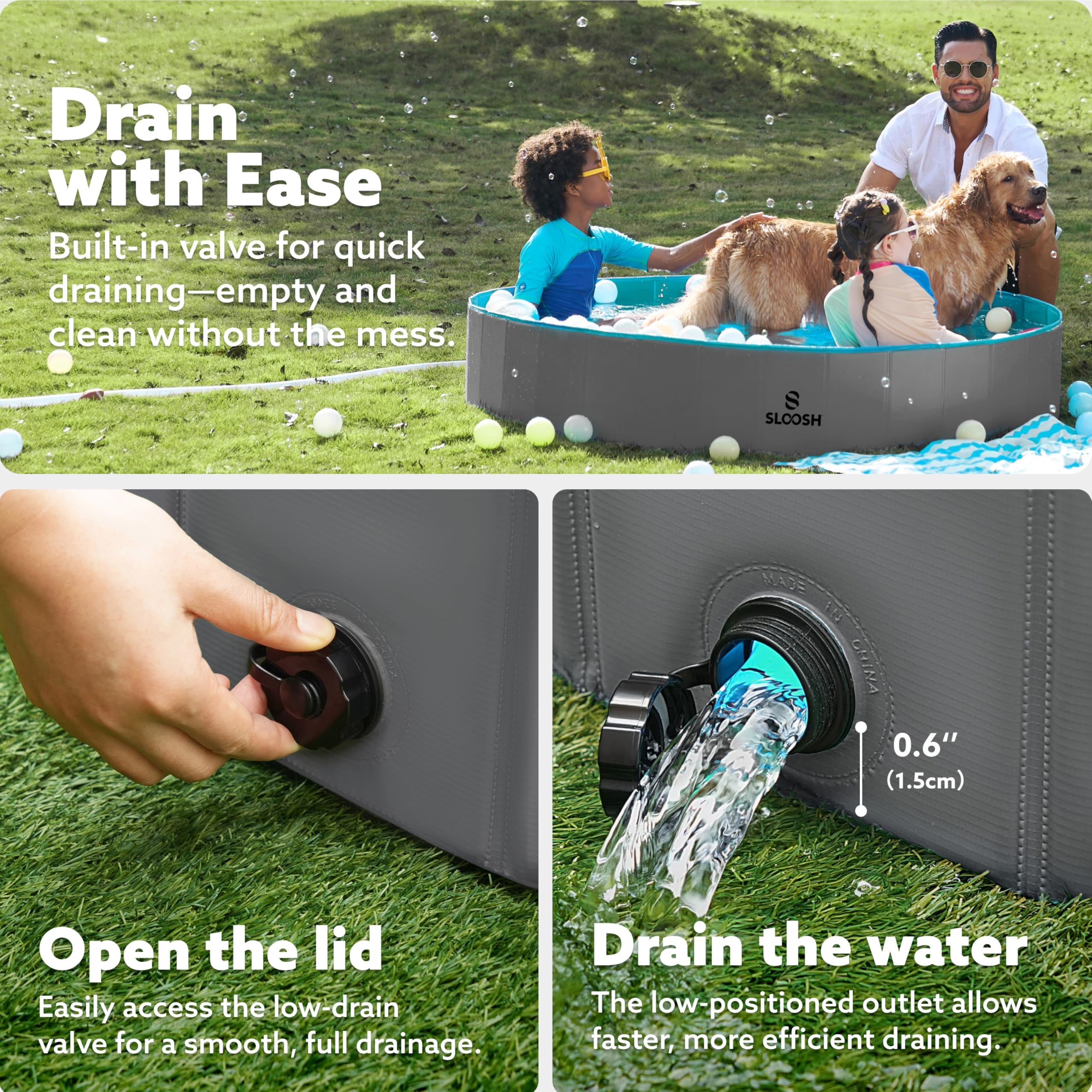 SLOOSH hard plastic dog pool bottom provides a durable, safe surface.