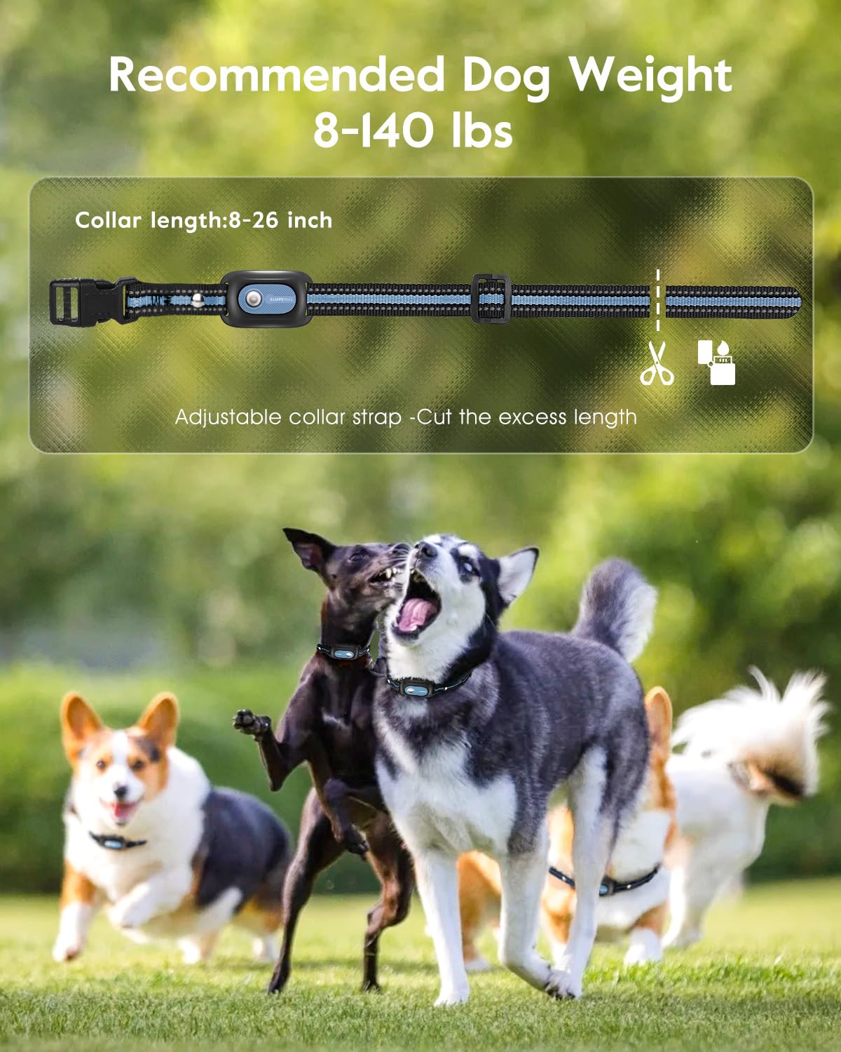 SLOPEHILL adjustable-neck-size illustrates a flexible fit for dogs 8–140 lbs.