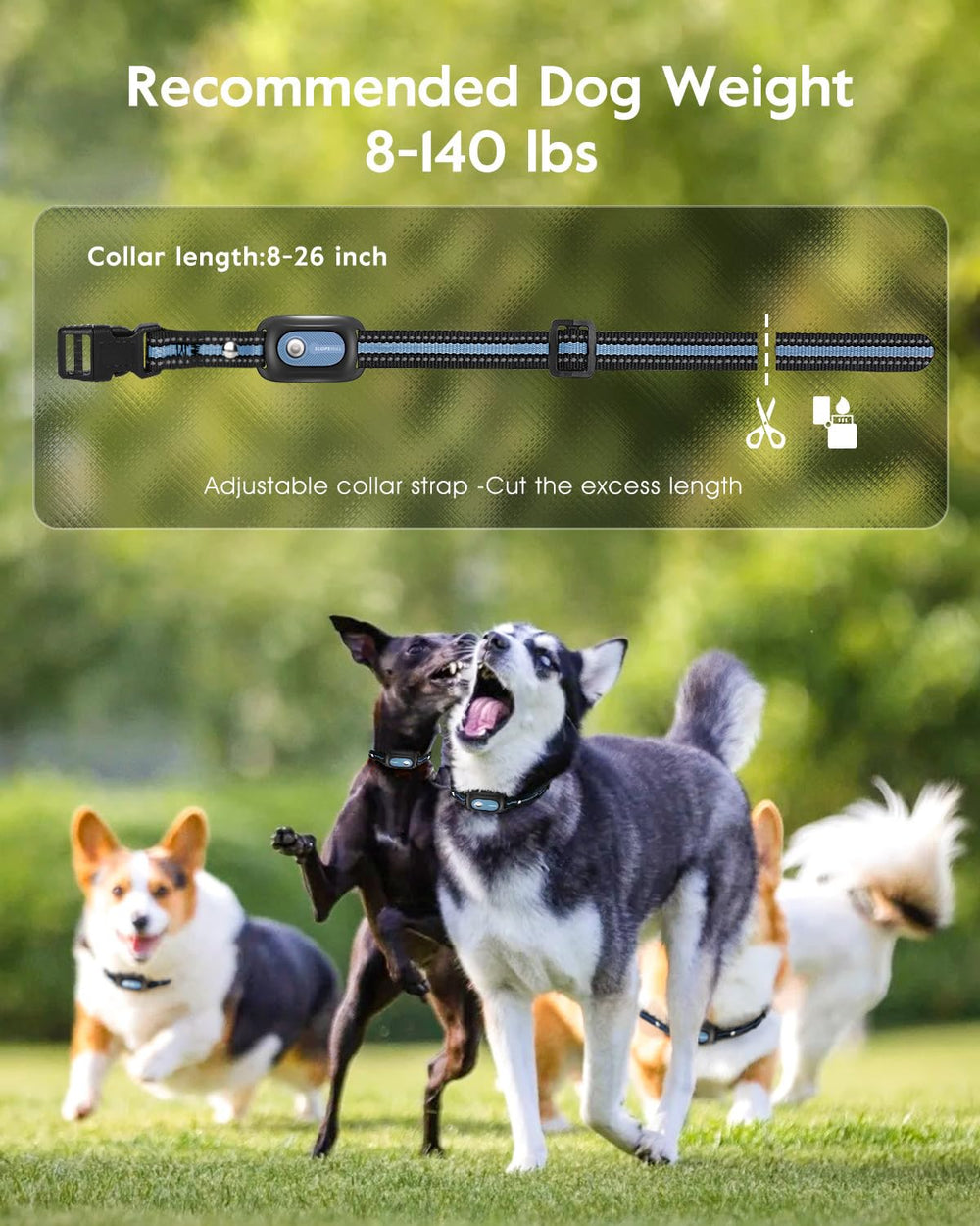 SLOPEHILL adjustable-neck-size illustrates a flexible fit for dogs 8–140 lbs.