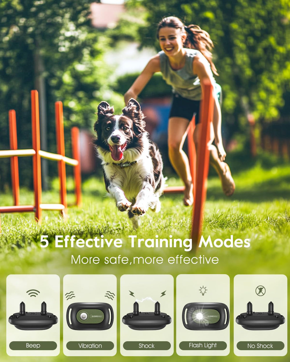 SLOPEHILL dog collar dual-channel enables training two dogs at once.