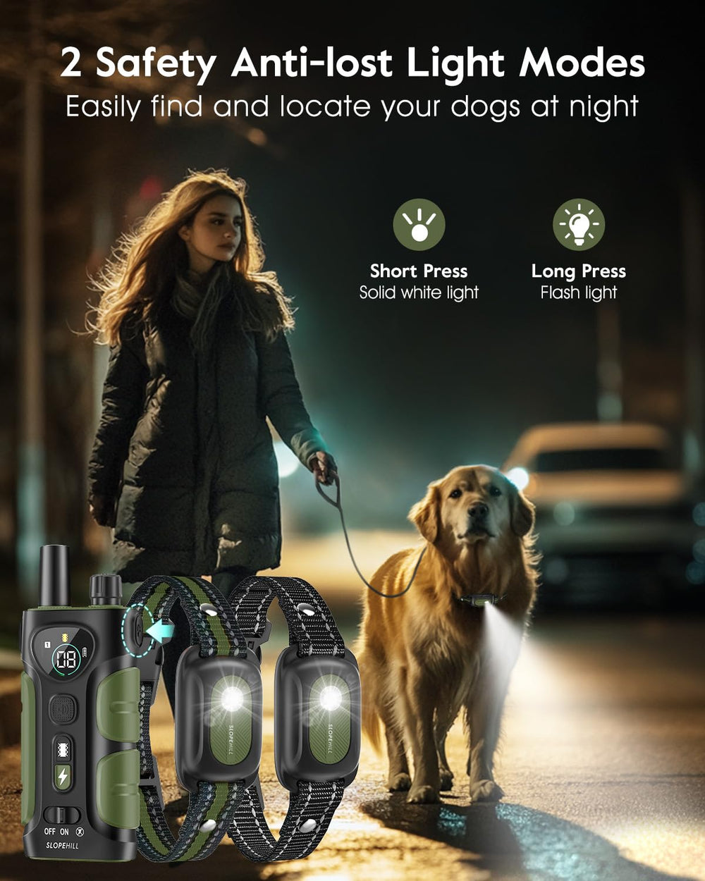 SLOPEHILL dog collar LED flashlight helps locate pets during night walks.