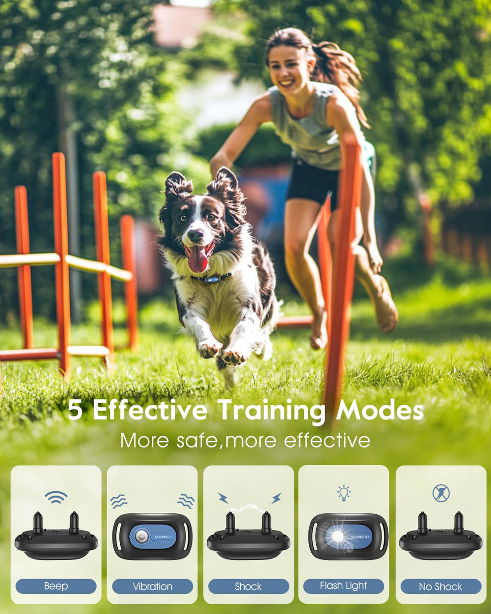 SLOPEHILL no-shock mode highlights safe training with beep and vibration options.