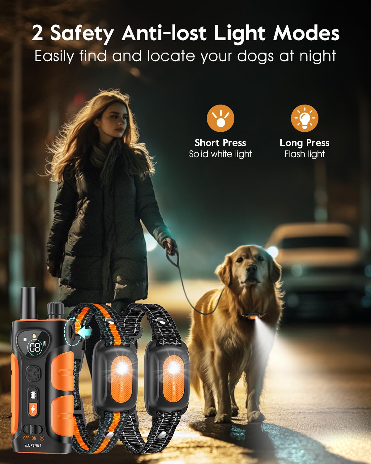 SLOPEHILL IPX8 waterproof collar ready for wet walks and splashes.