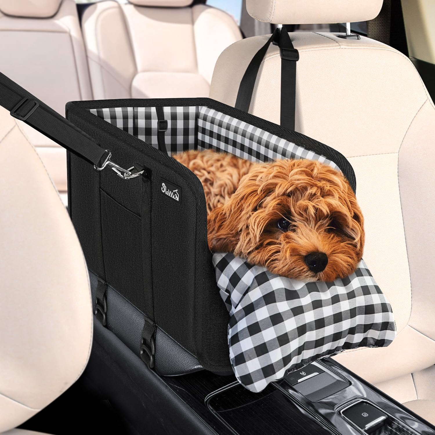 SlowTon console dog seat side-view shows secure headrest mounting for stable travel.