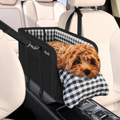 SlowTon console dog seat side-view shows secure headrest mounting for stable travel.