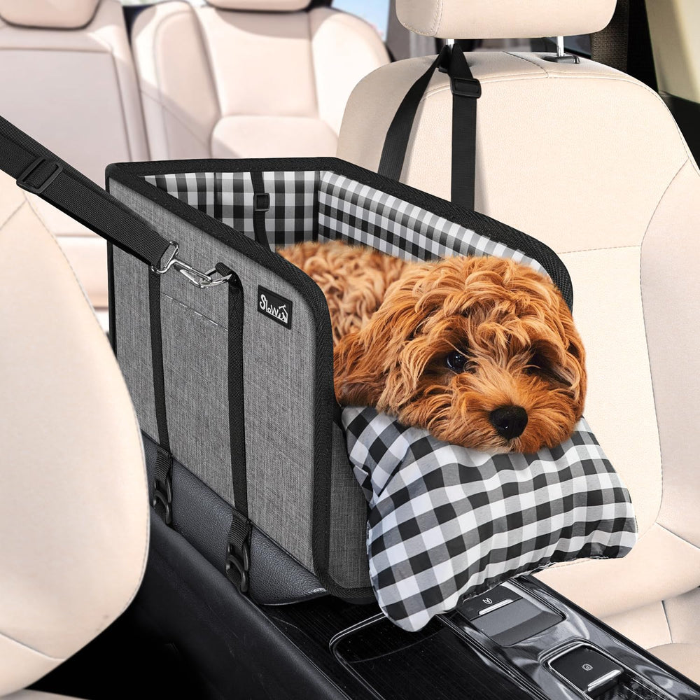 SlowTon Console Dog Seat strap-attachment secures to headrests for safer rides.