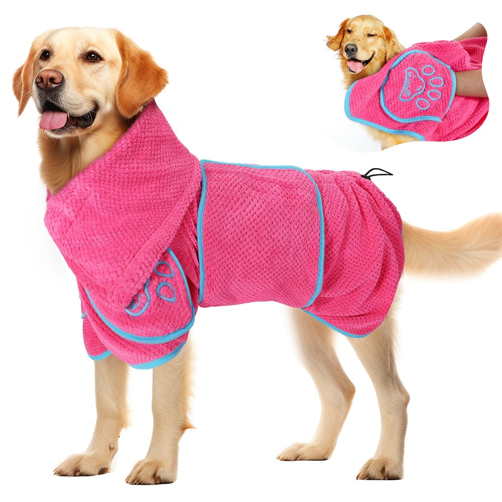 SlowTon dog bathrobe pink front view highlights plush microfiber and quick-dry feel