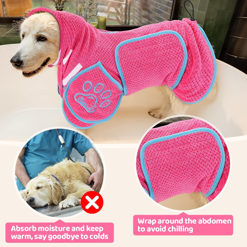 SlowTon dog bathrobe pink waist drawstring enables quick size adjustments