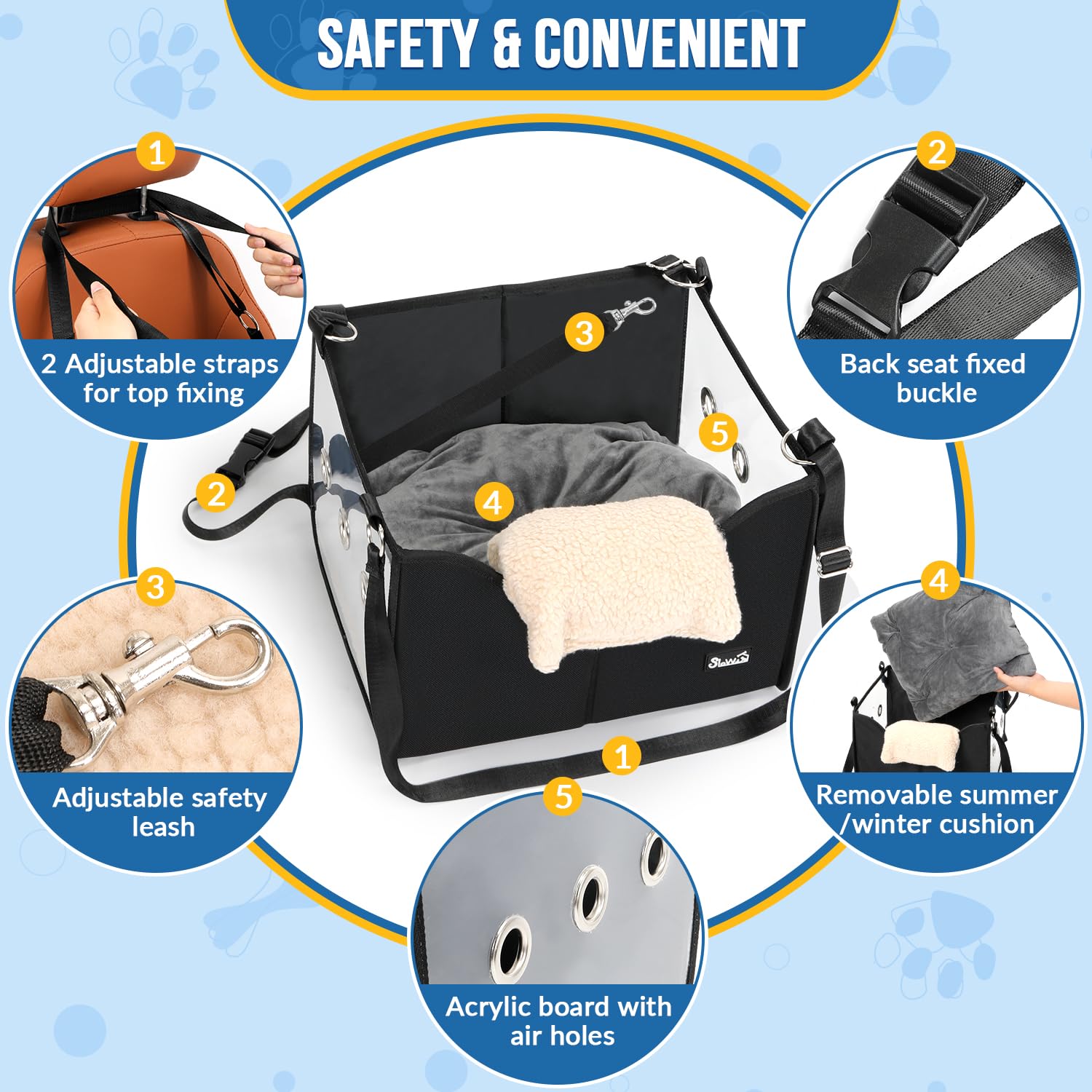 SlowTon seat belts and internal leash keep pets secure during trips.