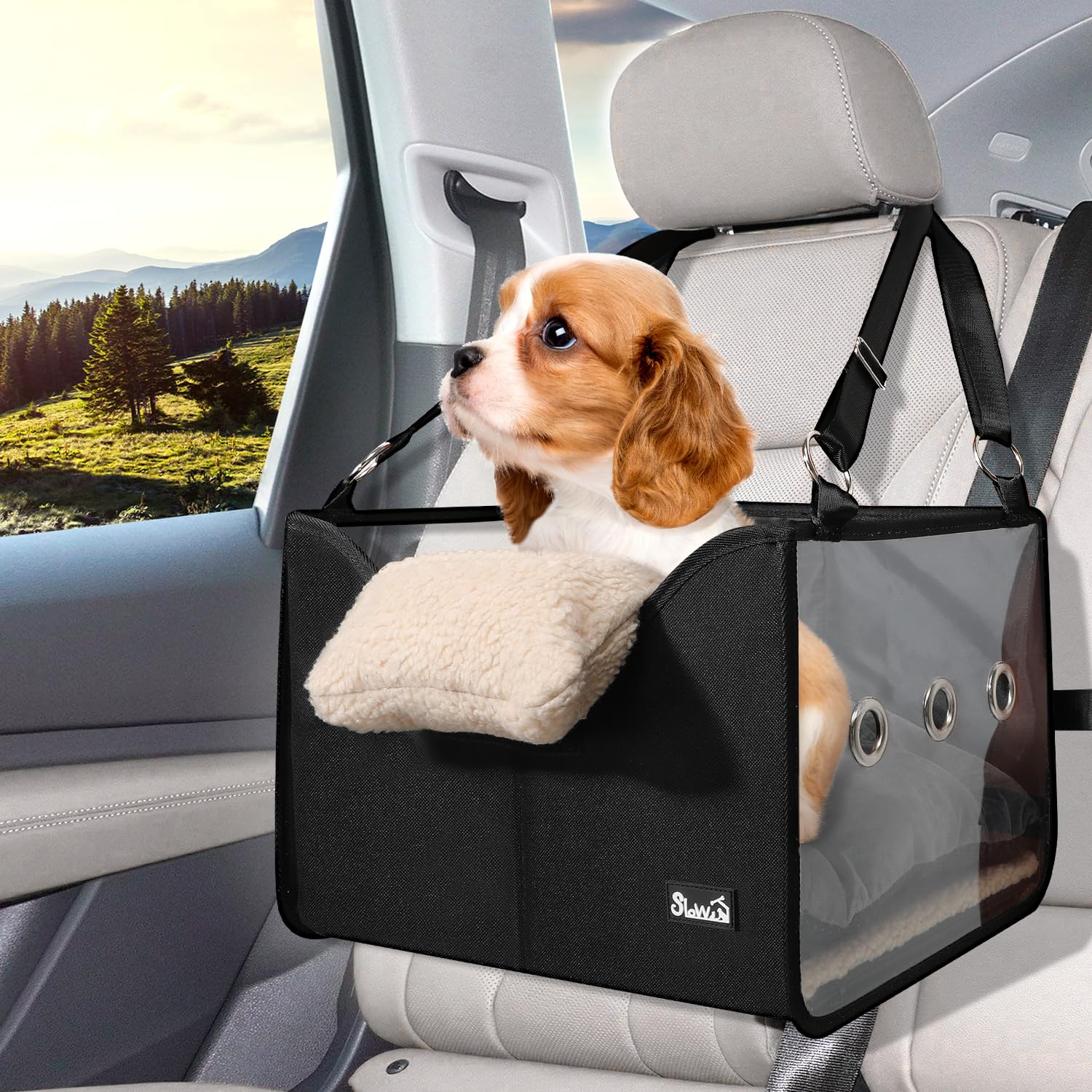 SlowTon dog car seat side view with transparent panels offering a wider view for calmer travel.